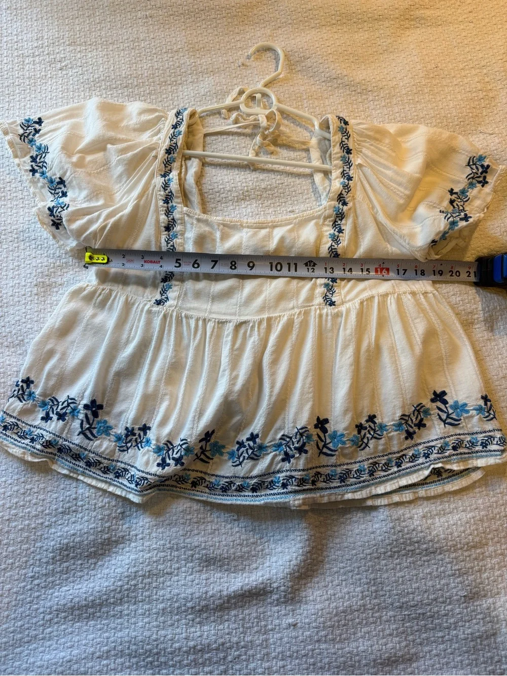 Old Navy Cream Peasant Top with Blue Floral Embroidery